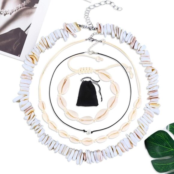 Shell Necklace Choker, Natural Puka Shell Necklace Bracelet 4 Pieces set - Picture 2 of 5